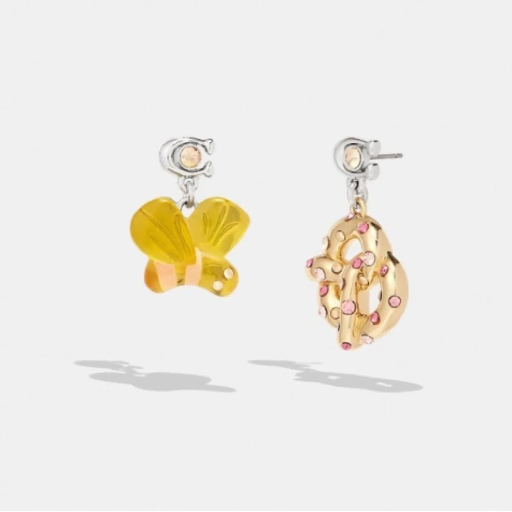 Coach Bumble Bee Pretzel Mismatch stud Earrings new - Picture 3 of 6